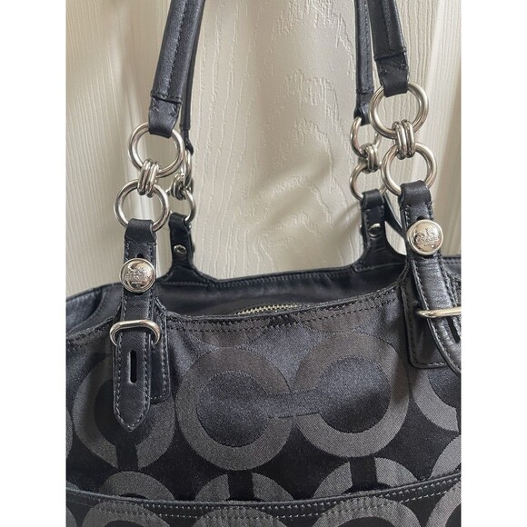 COACH SIGNATURE MIA OP ART TOTE SHOULDER BAG J1182-F15758 Black Purple Lining - Picture 13 of 16